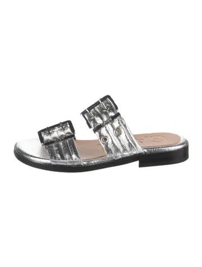 Pre-owned Ganni Patent Leather Eyelet Trim Slides In Metallic/silver