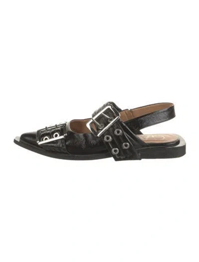 Pre-owned Ganni Patent Leather Eyelet Trim Slingback Flats In Black