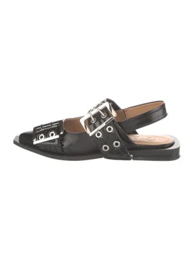 Pre-owned Ganni Patent Leather Eyelet Trim Slingback Flats In Black