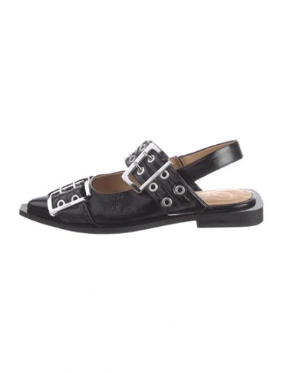 Pre-owned Ganni Patent Leather Eyelet Trim Slingback Flats In Black