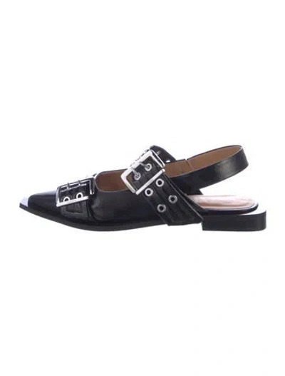 Pre-owned Ganni Patent Leather Eyelet Trim Slingback Flats In Blue