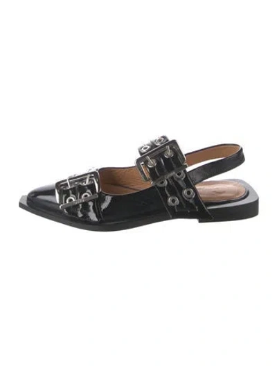 Pre-owned Ganni Patent Leather Flats In Black