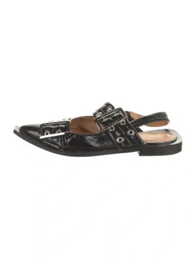 Pre-owned Ganni Patent Leather Printed Slingback Flats In Black