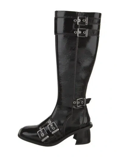 Pre-owned Ganni Patent Leather Riding Boots In Black