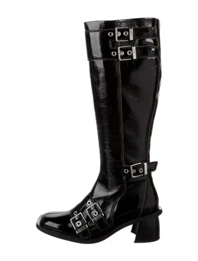 Pre-owned Ganni Patent Leather Riding Boots In Black