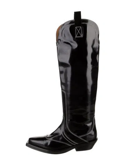 Pre-owned Ganni Patent Leather Riding Boots In Black