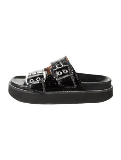 Pre-owned Ganni Patent Leather Slides In Black