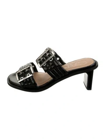 Pre-owned Ganni Patent Leather Slides In Black