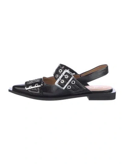 Pre-owned Ganni Patent Leather Slingback Flats In Black
