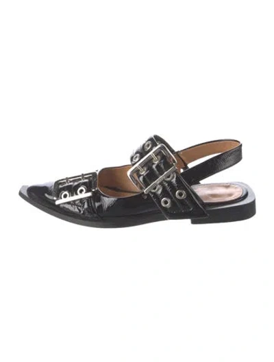 Pre-owned Ganni Patent Leather Slingback Flats In Black
