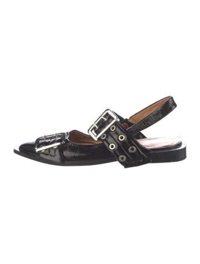 Pre-owned Ganni Patent Leather Slingback Flats In Black