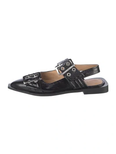 Pre-owned Ganni Patent Leather Slingback Flats In Black