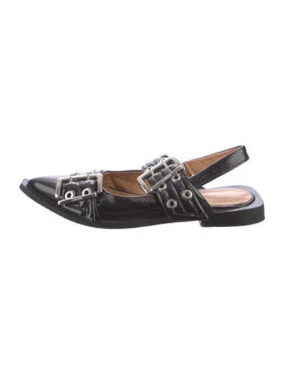 Pre-owned Ganni Patent Leather Slingback Flats In Black