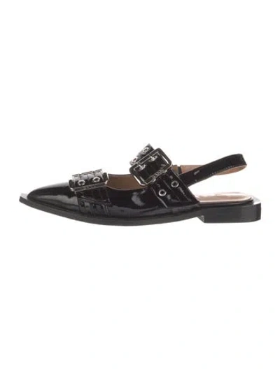 Pre-owned Ganni Patent Leather Slingback Flats In Black