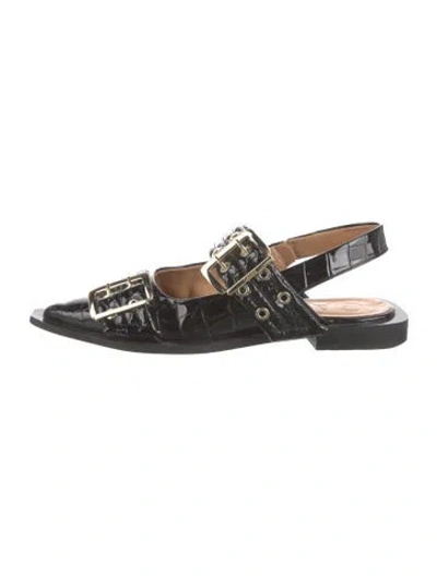Pre-owned Ganni Patent Leather Slingback Flats In Black