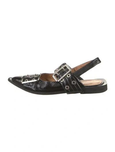 Pre-owned Ganni Patent Leather Slingback Flats In Black