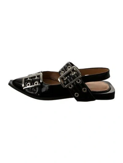 Pre-owned Ganni Patent Leather Slingback Flats In Black