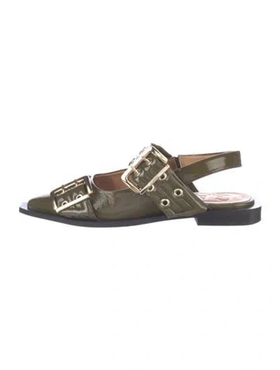 Pre-owned Ganni Patent Leather Slingback Flats In Green