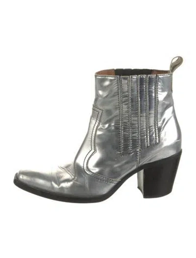 Pre-owned Ganni Patent Leather Western Boots In Silver
