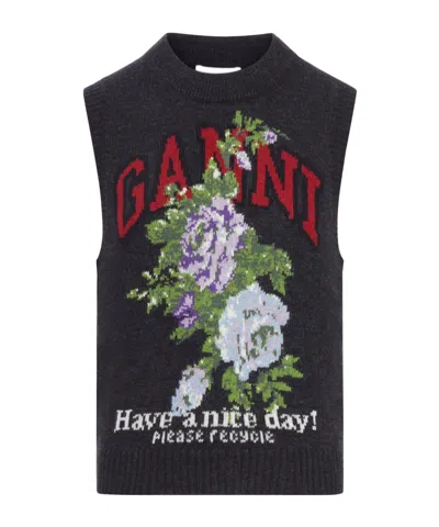 Ganni Patterned Floral Knitted Vest In Black