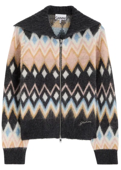 Ganni Patterned-intarsia Knitted Cardigan In Black