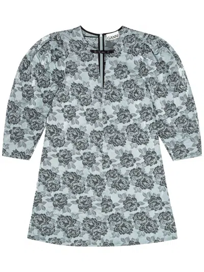 Ganni Floral Jacquard Mini Dress In Baby Blue