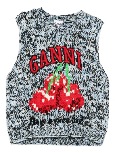 Ganni Crewneck Wool Vest With Graphic Logo Print In Blue