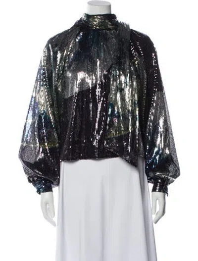 Pre-owned Ganni Patterned Mock Neck Blouse In Silver