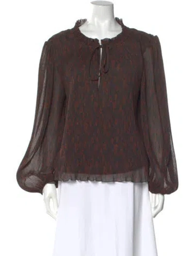 Pre-owned Ganni Patterned Tie Neck Blouse In Brown
