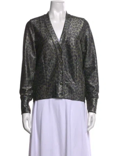 Pre-owned Ganni Patterned V-neck Sweater In Green