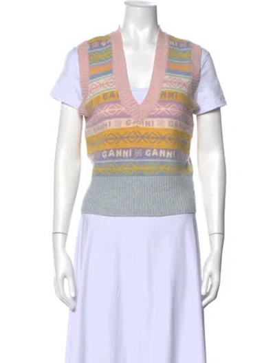 Pre-owned Ganni Patterned V-neck Sweater In Pink