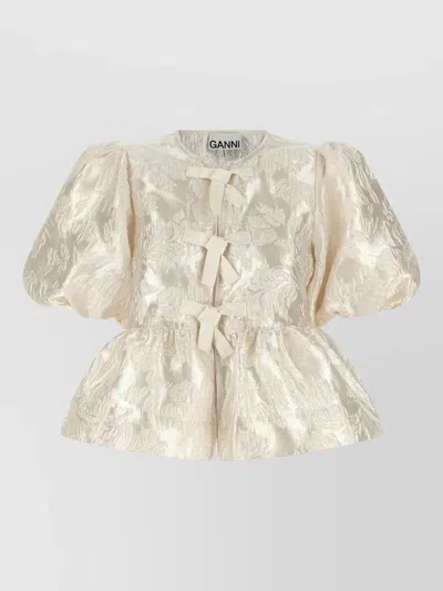 Ganni Peplum Blouse Bow Detail Floral Texture In Nude