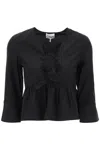 Ganni Puff-sleeved Peplum Blouse In Black