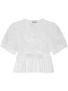 Ganni Poplin Front-tie Peplum Blouse With Puffed-sleeves In White