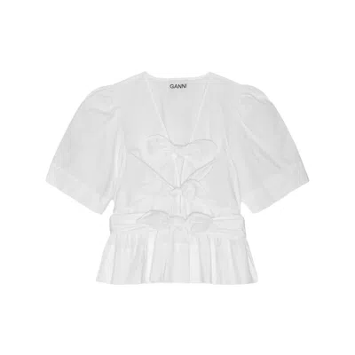 Ganni Womens Bright White Tie Strap Puffed-sleeves Stretch-cotton Blouse