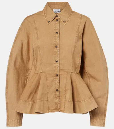 Ganni Washed Stretch Cotton Peplum Shirt Lark In Brown