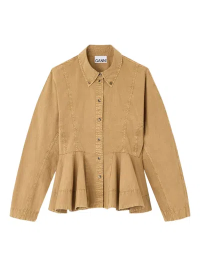 Ganni Peplum Cotton Shirt In Nude