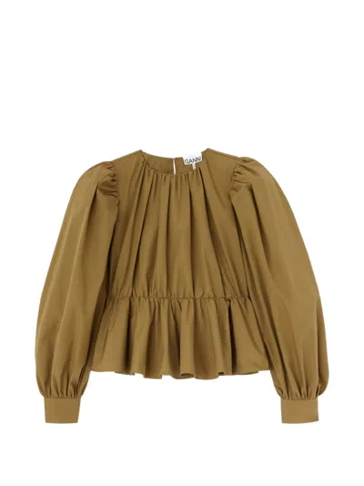Ganni Peplum Cotton-poplin Blouse In Brown