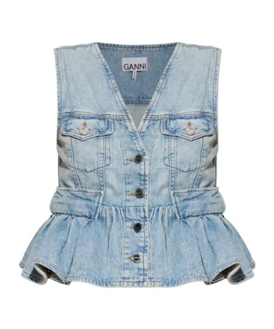 Ganni Peplum Denim Button-up Vest In Blue