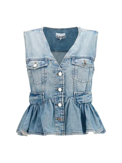 Ganni Peplum Denim Vest In Blue