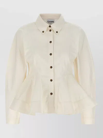 Ganni Peplum Hem Shirt Long Sleeve Collar In Neutral