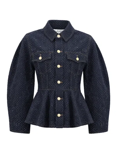 Ganni Blue Textured Shirt Collar Jacket In Multi
