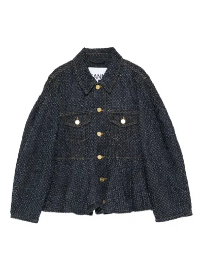 Ganni Denim Jacket Peplum Hem Long Sleeves Pockets In Blue