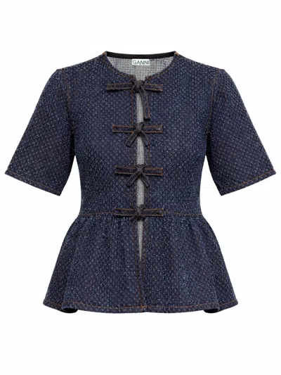 Ganni Peplum Organic Cotton Blouse In Blue