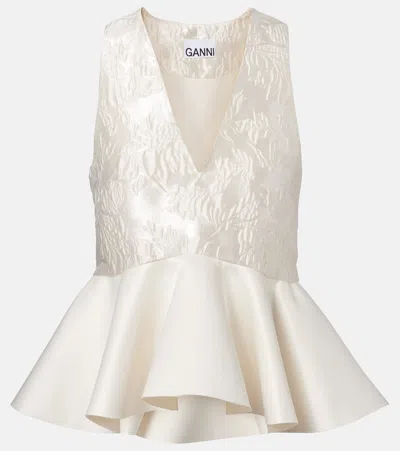 Ganni Satin V Neck Sleeveless Peplum Top In White