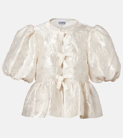 Ganni Peplum Satin Jacquard Blouse In White