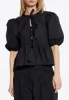 Ganni Poplin Front-tie Peplum Blouse With Puffed-sleeves In Black