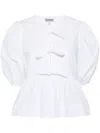 Ganni Poplin Front-tie Peplum Blouse With Puffed-sleeves In White