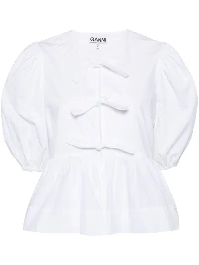 Ganni Crewneck Cotton Peplum Top Flounces In White