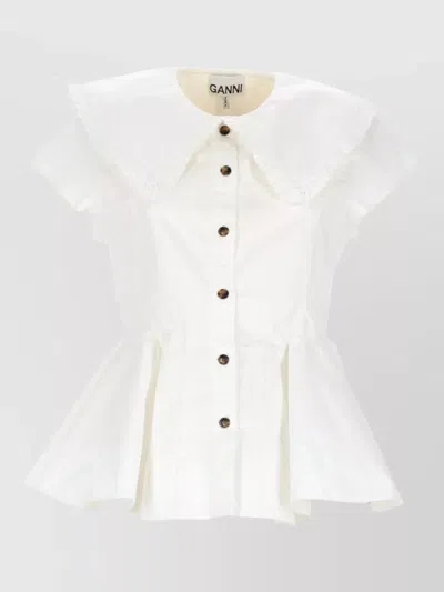 Ganni Peplum Top Short Sleeves Ruffled Collar In Neutral